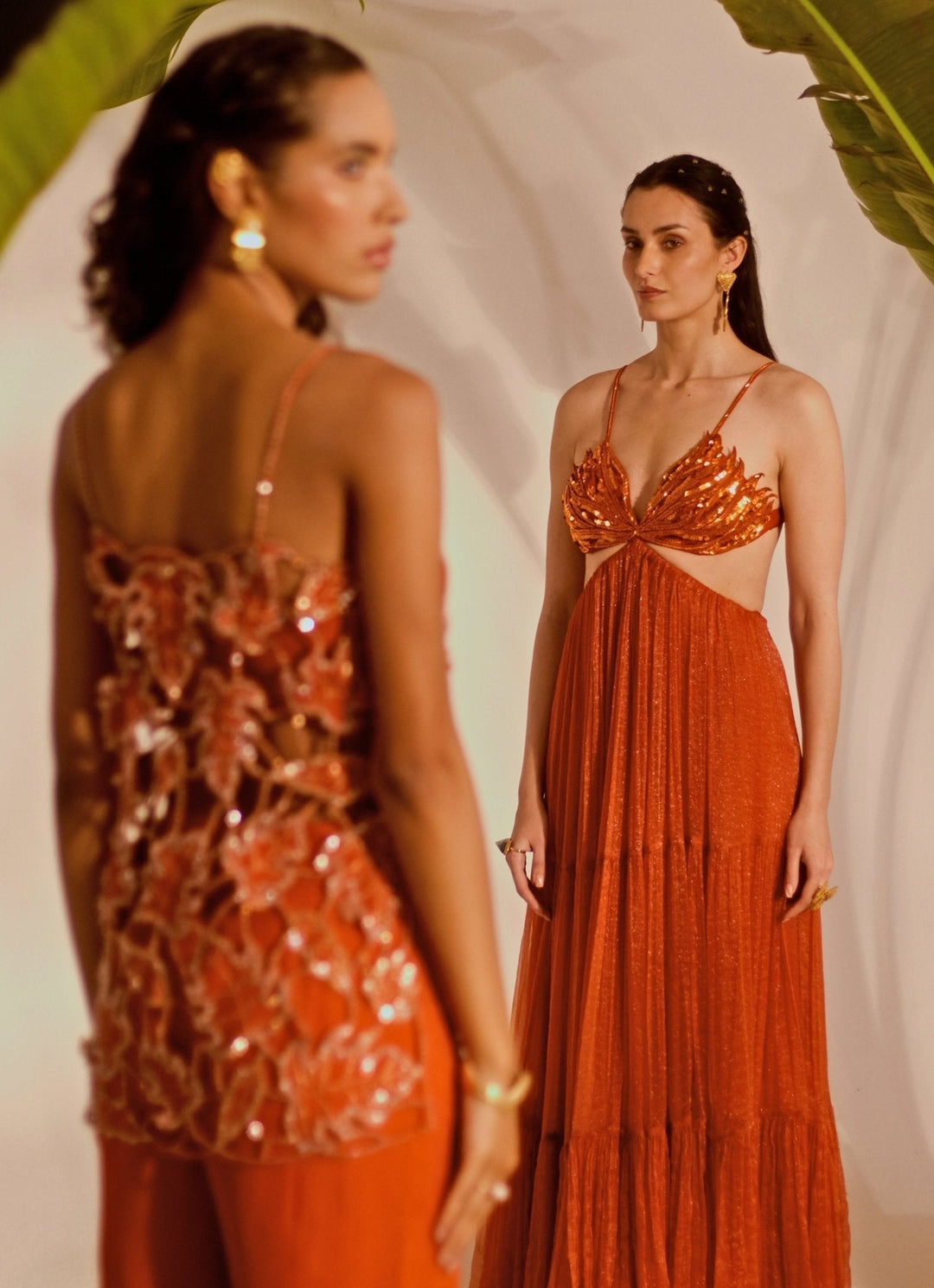 Rust Orange Appliqué Tiered Gown Silky Bindra - Fabilicious Fashion