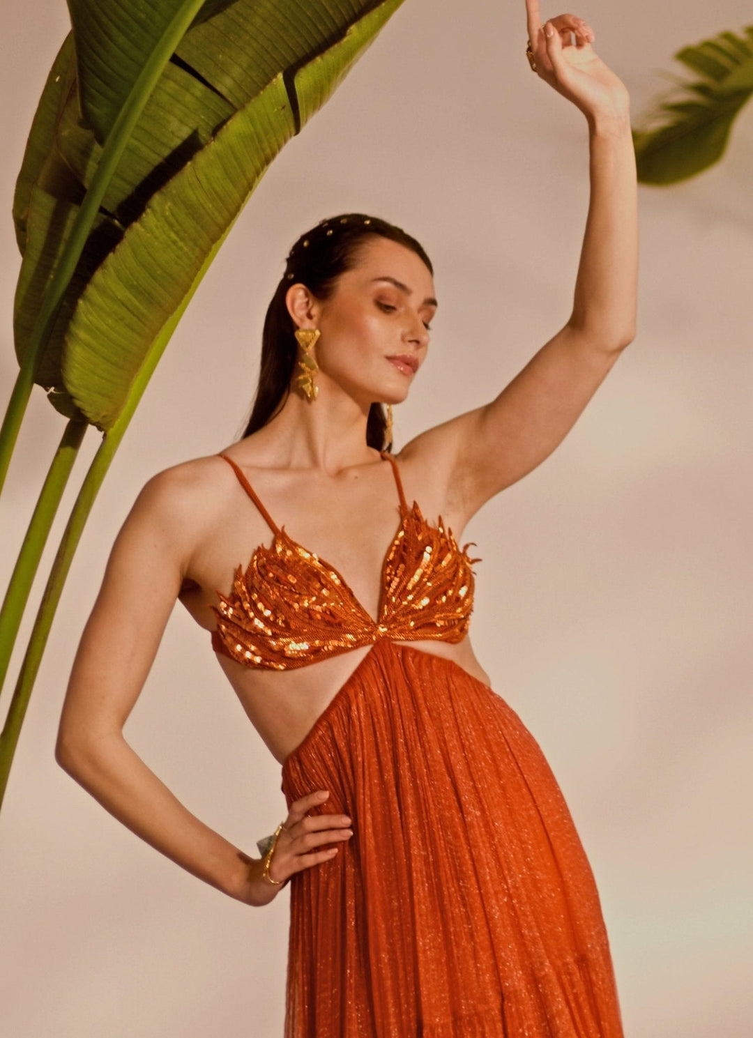 Rust Orange Appliqué Tiered Gown Silky Bindra - Fabilicious Fashion