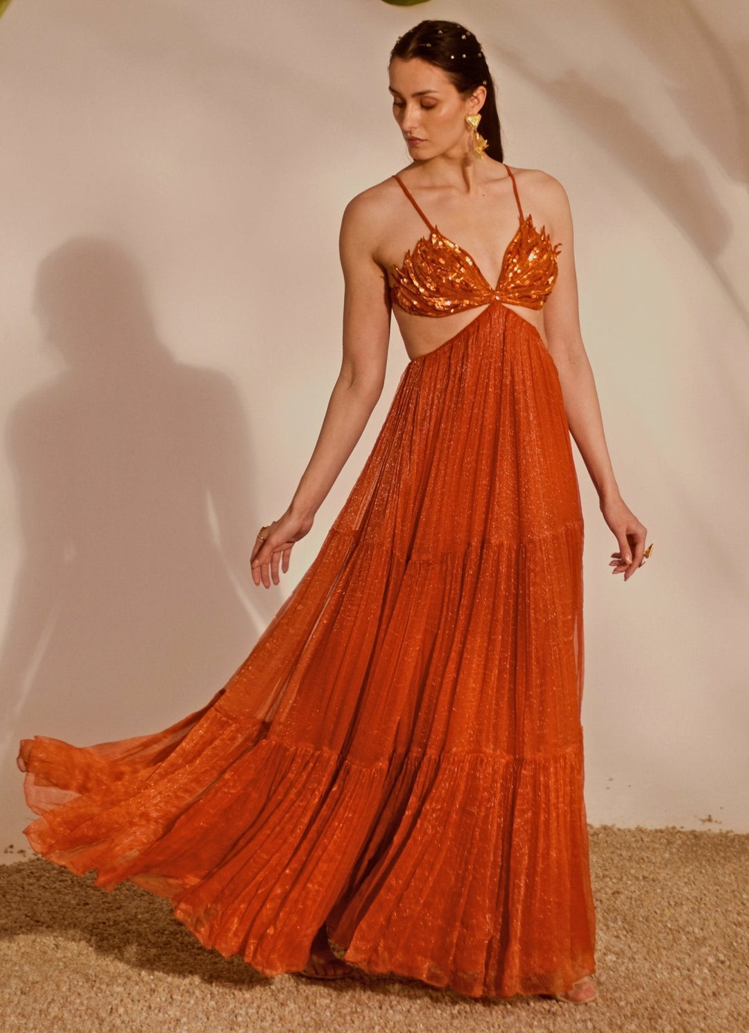 Rust Orange Appliqué Tiered Gown Silky Bindra - Fabilicious Fashion