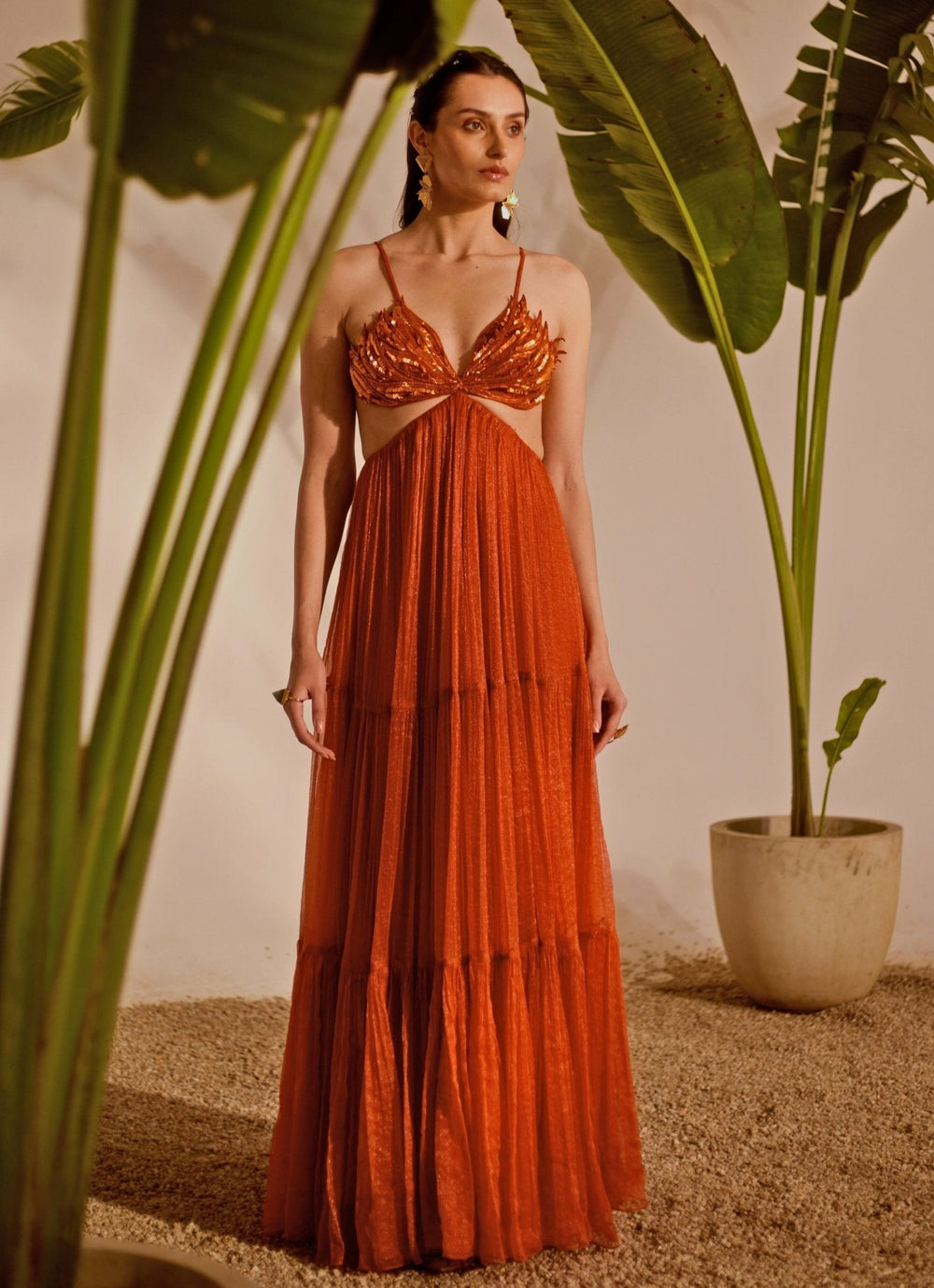 Rust Orange Appliqué Tiered Gown Silky Bindra - Fabilicious Fashion