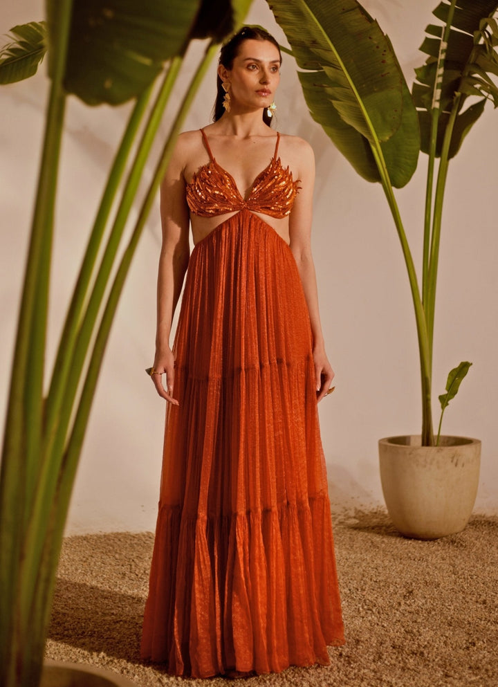 Rust Orange Appliqué Tiered Gown Silky Bindra - Fabilicious Fashion