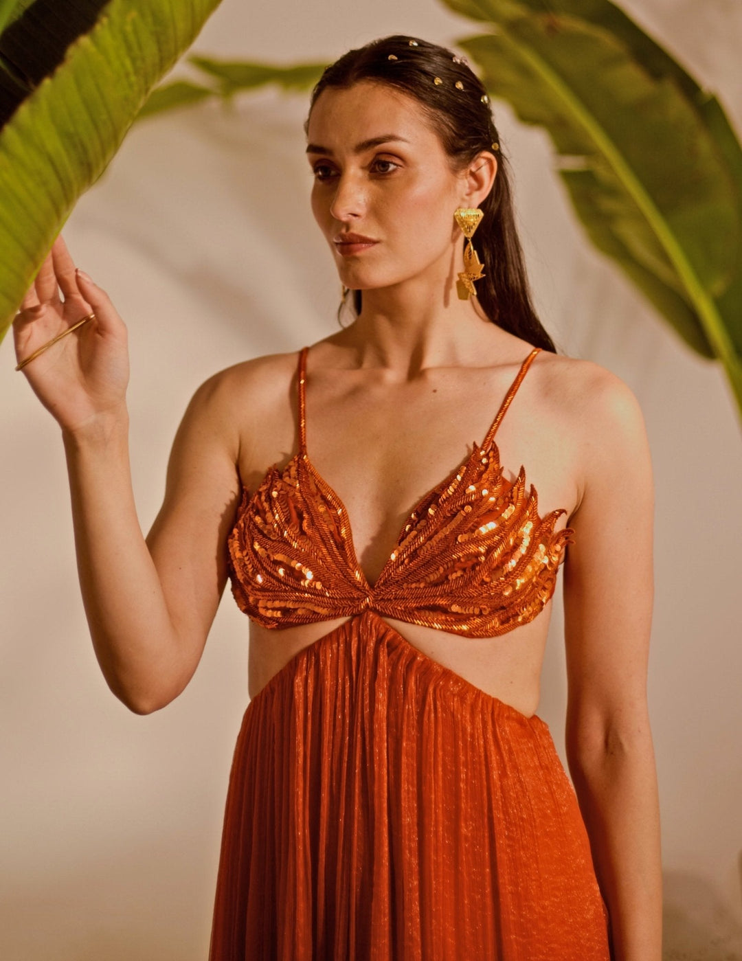 Rust Orange Appliqué Tiered Gown Silky Bindra - Fabilicious Fashion