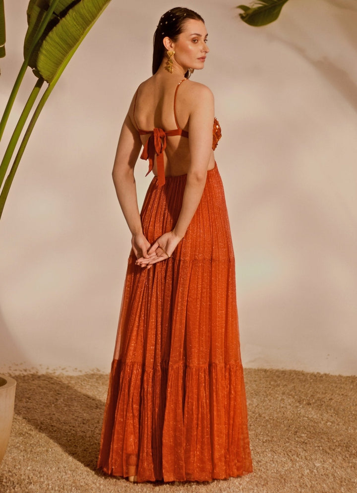 Rust Orange Appliqué Tiered Gown Silky Bindra - Fabilicious Fashion