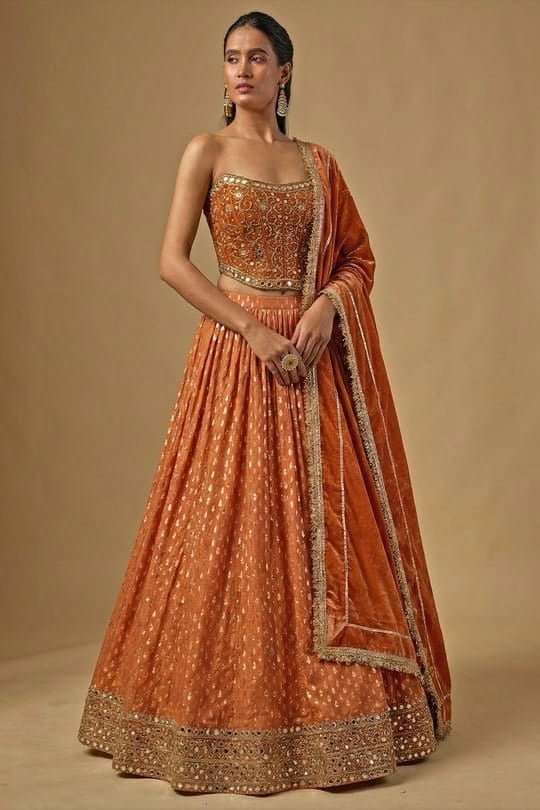 Neha Khullar Rust Orange Banarasi Corset Lehenga SetFabilicious Fashion