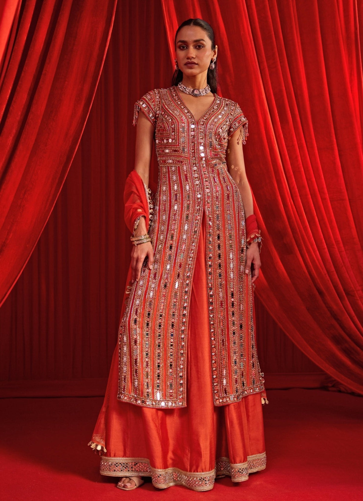 Nidhika Shekhar Rust Orange Chanderi Kurta Lehenga Set for a henna night in Saudi Arabia