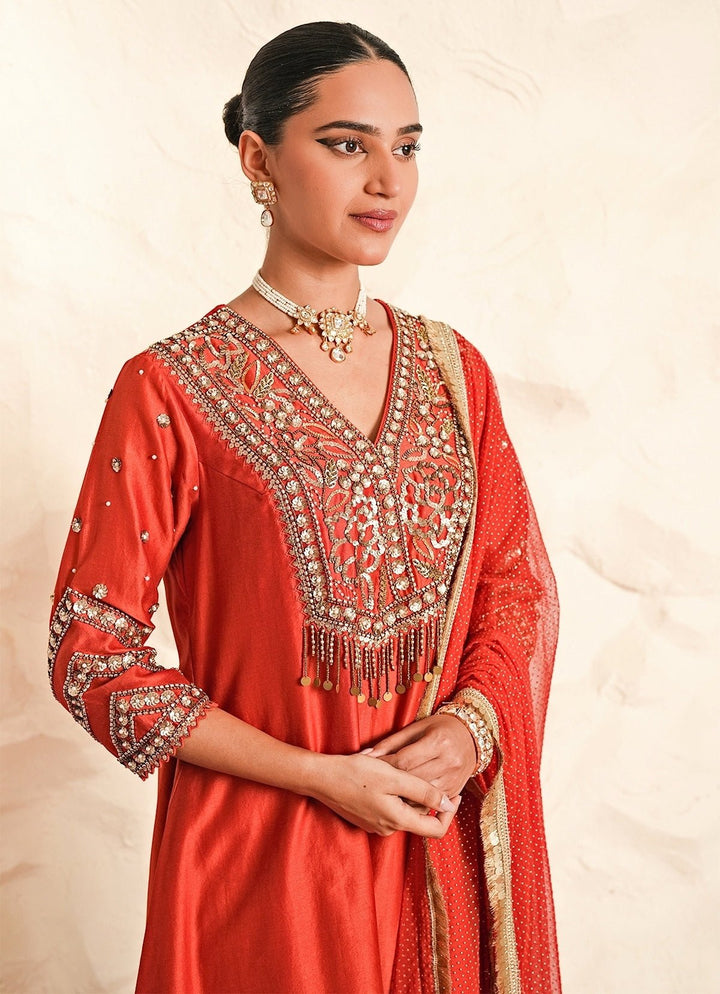 Nidhika Shekhar Rust Orange Chanderi Kurta Pants SetFabilicious Fashion