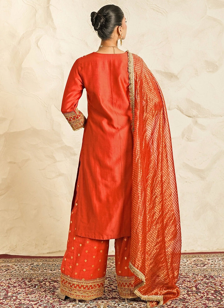Nidhika Shekhar Rust Orange Chanderi Kurta Pants SetFabilicious Fashion