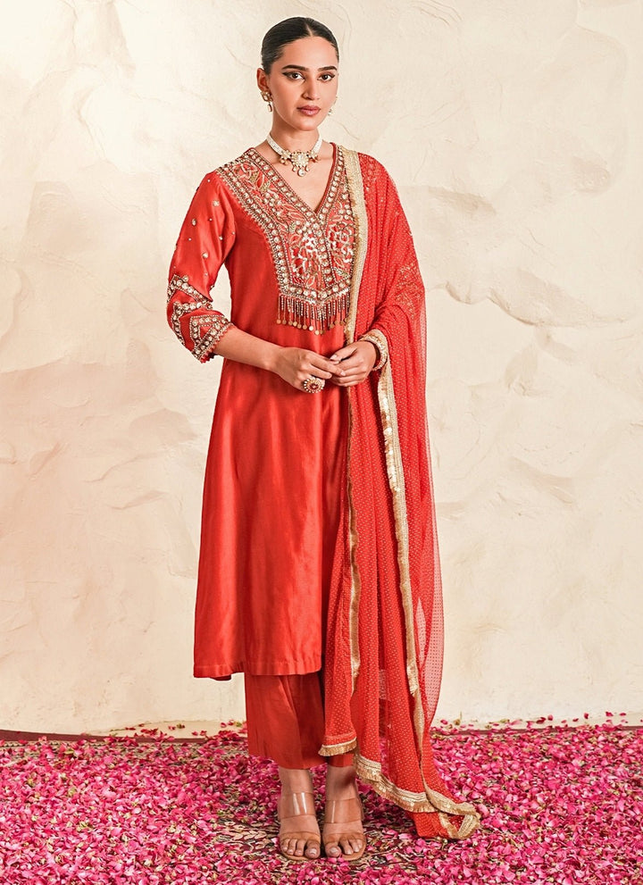 Nidhika Shekhar Rust Orange Chanderi Kurta Pants SetFabilicious Fashion