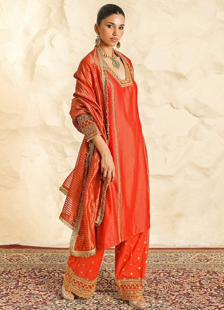Nidhika Shekhar Rust Orange Chanderi Kurta Pants SetFabilicious Fashion