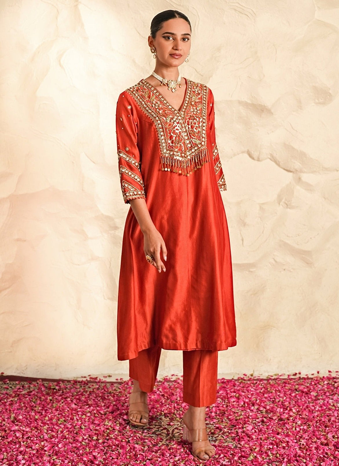 Nidhika Shekhar Rust Orange Chanderi Kurta Pants SetFabilicious Fashion