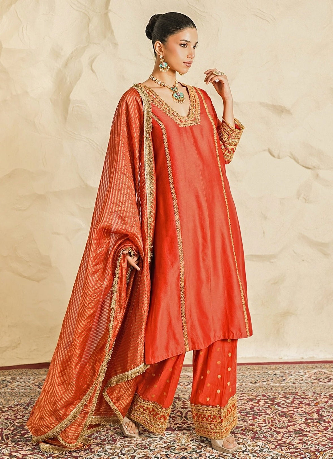 Nidhika Shekhar Rust Orange Chanderi Kurta Pants SetFabilicious Fashion
