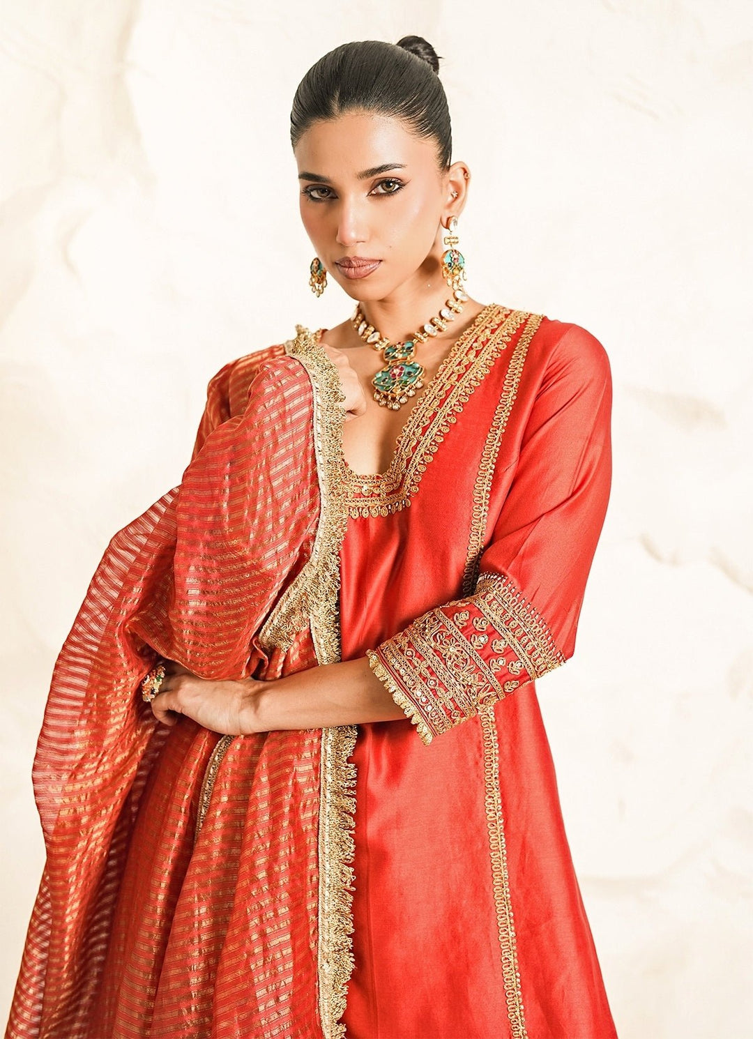 Nidhika Shekhar Rust Orange Chanderi Kurta Pants SetFabilicious Fashion