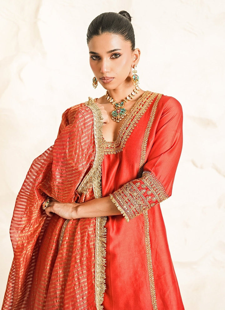 Nidhika Shekhar Rust Orange Chanderi Kurta Pants SetFabilicious Fashion