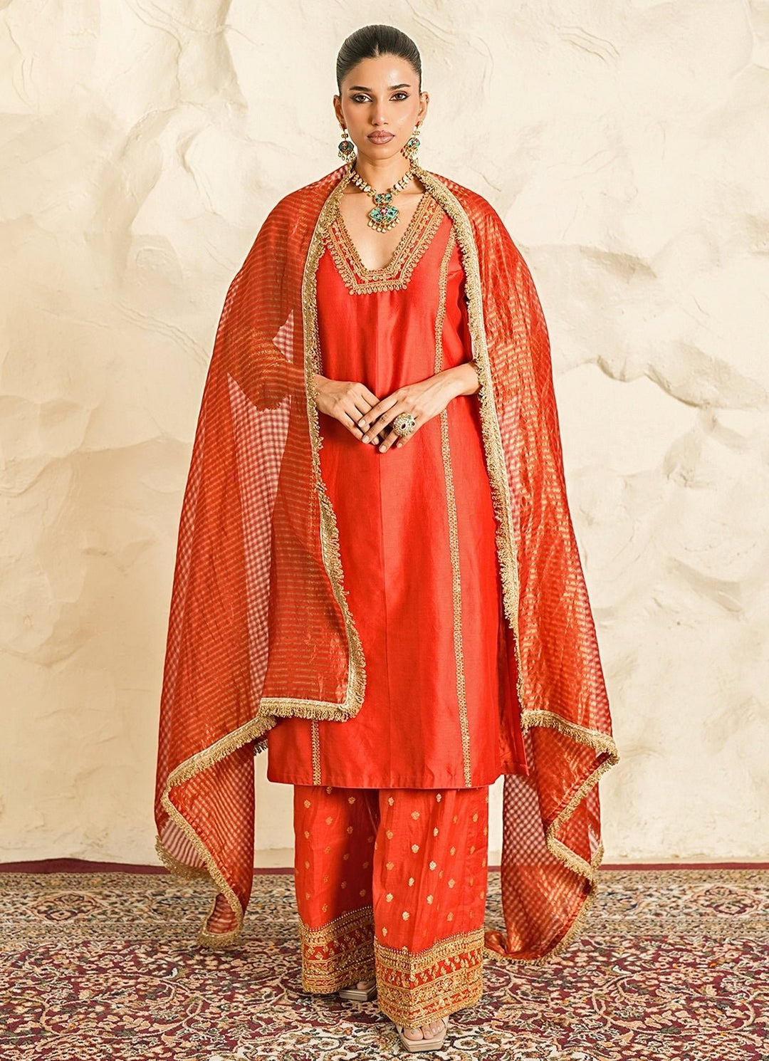 Nidhika Shekhar Rust Orange Chanderi Kurta Pants SetFabilicious Fashion