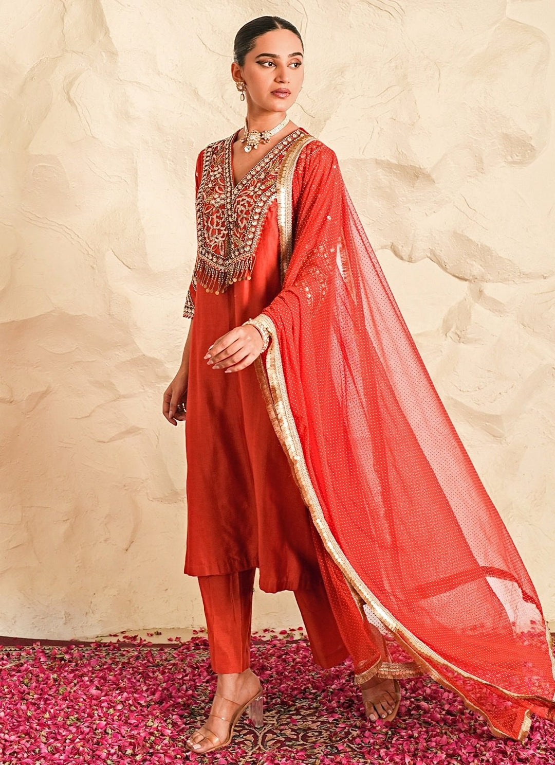 Nidhika Shekhar Rust Orange Chanderi Kurta Pants SetFabilicious Fashion