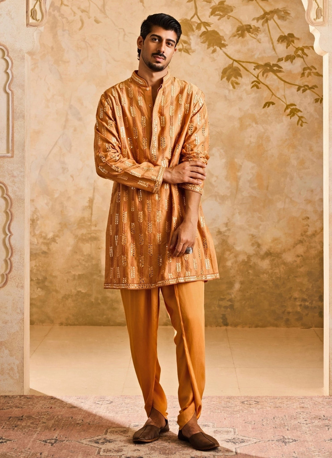 Rust Orange Chanderi Mirrorwork Kurta Set Nitika Gujral - Men - Fabilicious Fashion
