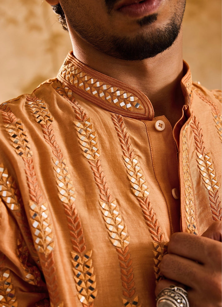 Nitika Gujral - Men Rust Orange Chanderi Mirrorwork Kurta SetFabilicious Fashion