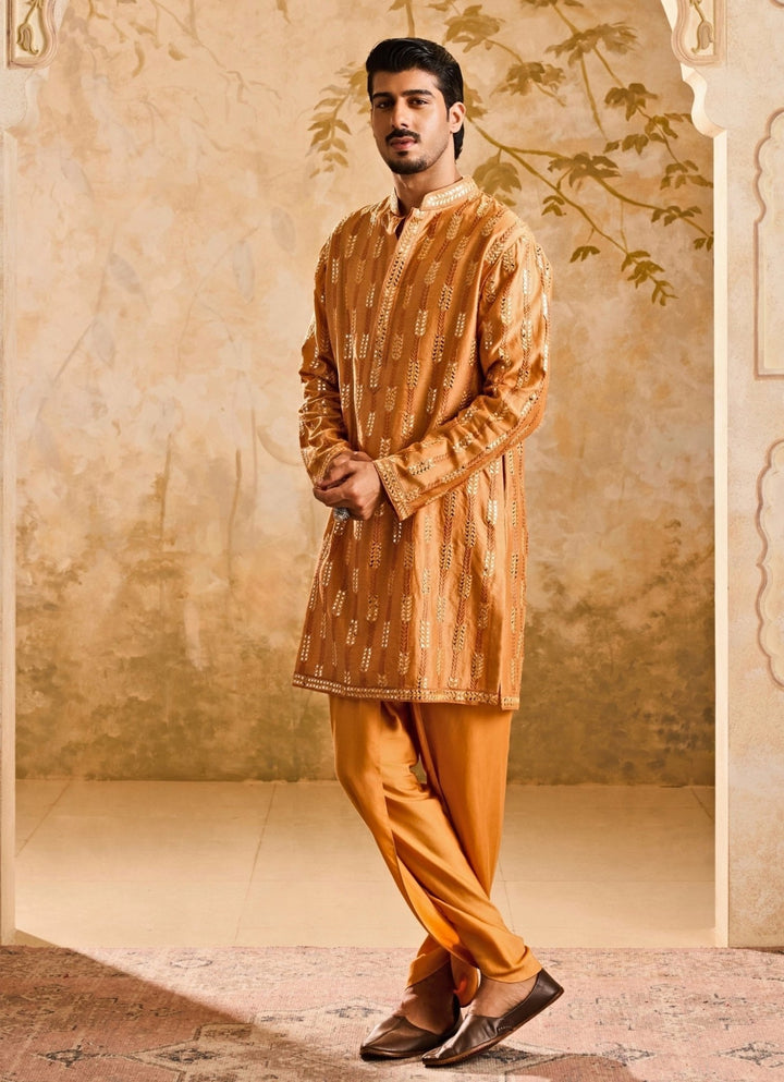 Nitika Gujral - Men Rust Orange Chanderi Mirrorwork Kurta SetFabilicious Fashion