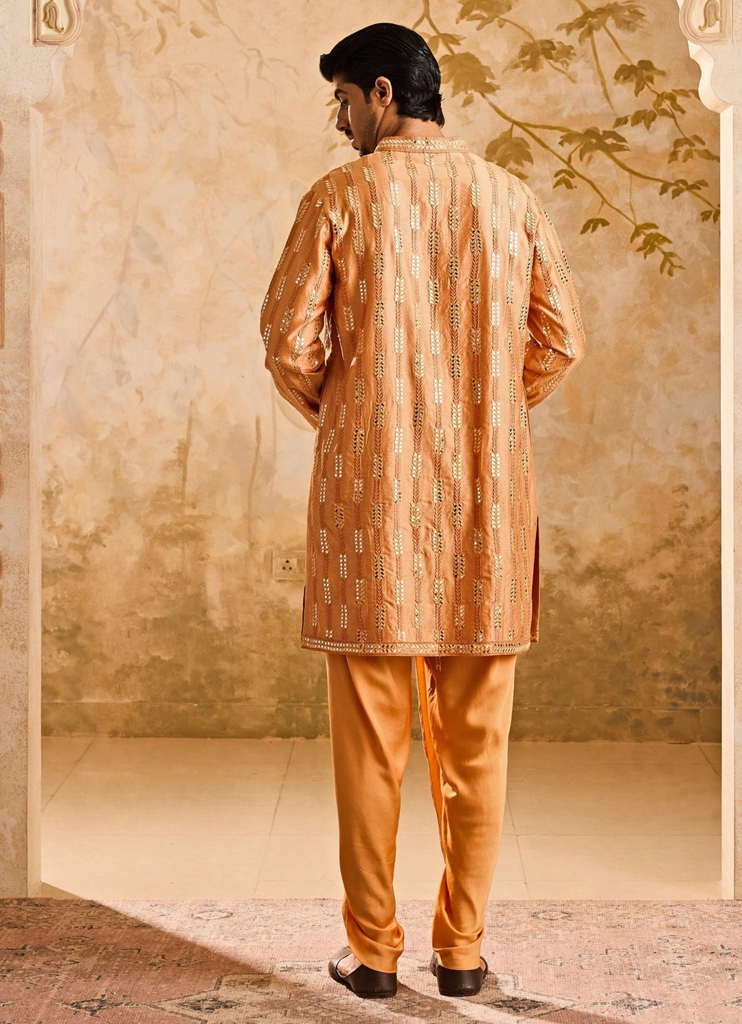 Nitika Gujral - Men Rust Orange Chanderi Mirrorwork Kurta SetFabilicious Fashion