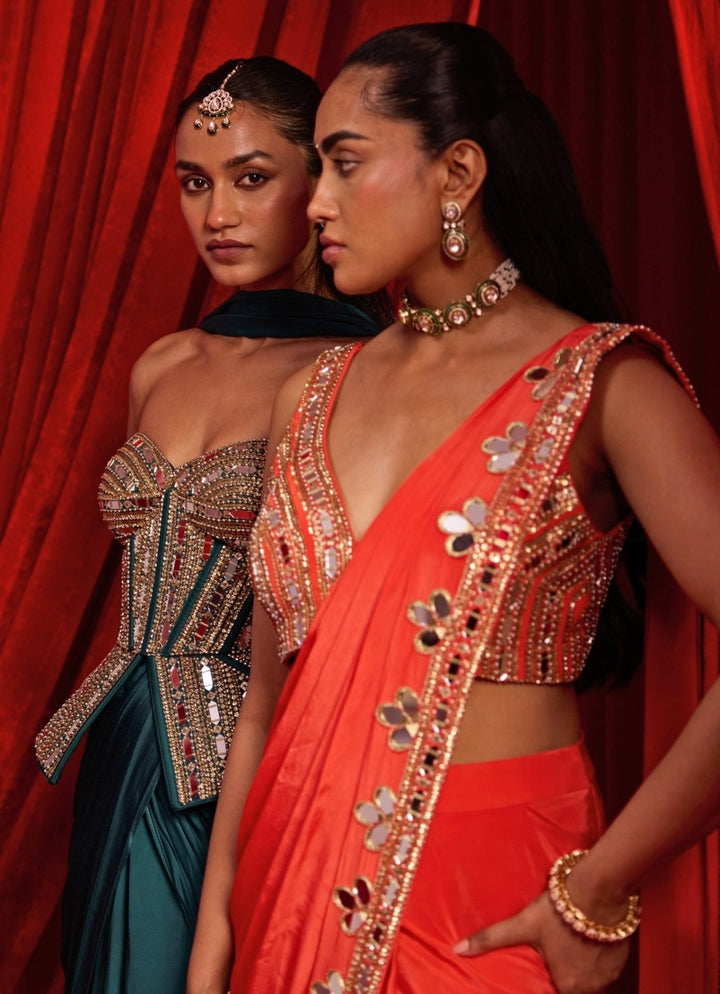 Nidhika Shekhar Rust Orange Crepe Pre - Draped SareeFabilicious Fashion