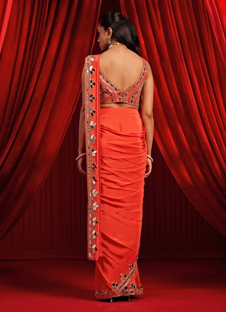 Nidhika Shekhar Rust Orange Crepe Pre - Draped SareeFabilicious Fashion