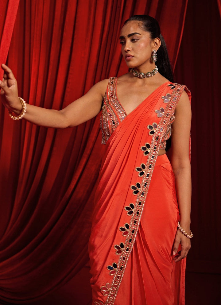 Nidhika Shekhar Rust Orange Crepe Pre - Draped SareeFabilicious Fashion