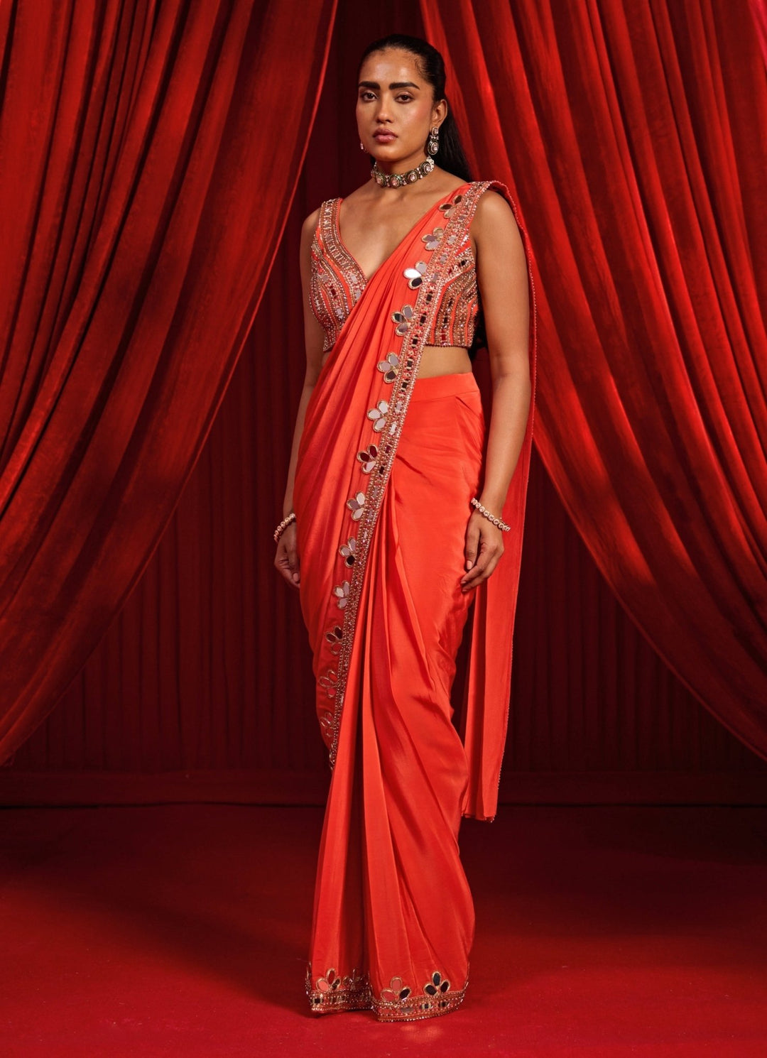 Rust Orange Crepe Pre - Draped Saree Nidhika Shekhar - Fabilicious Fashion