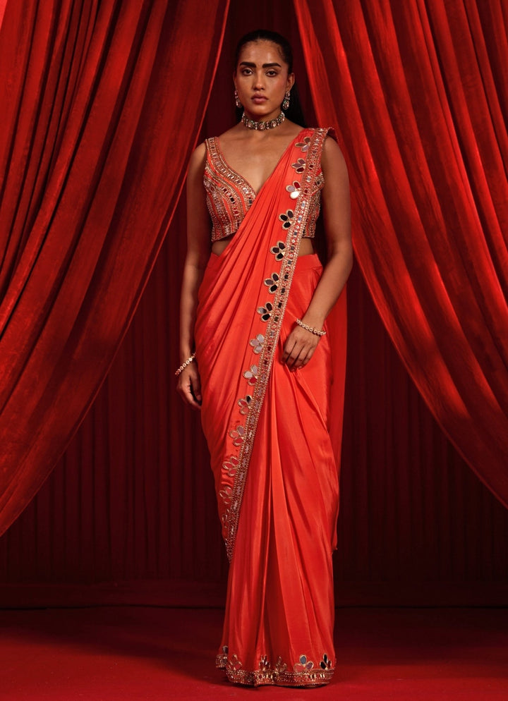 Nidhika Shekhar Rust Orange Crepe Pre - Draped SareeFabilicious Fashion