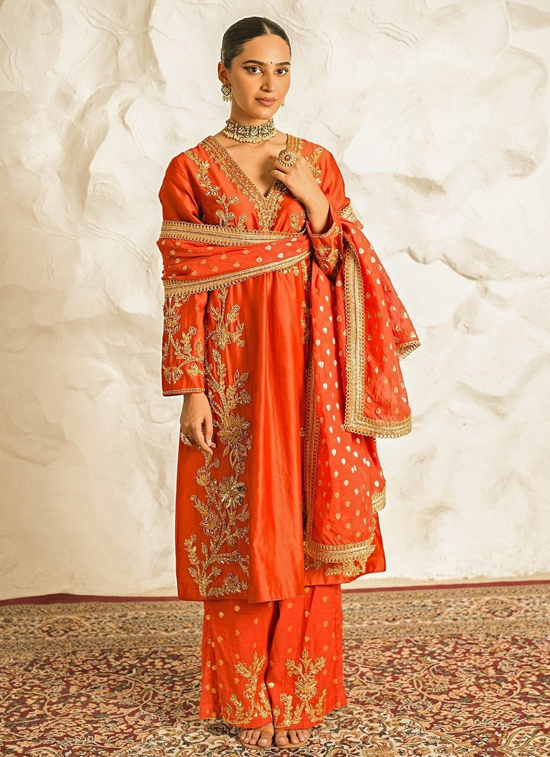 Nidhika Shekhar Rust Orange Embroidered Chanderi Kurta Pants SetFabilicious Fashion