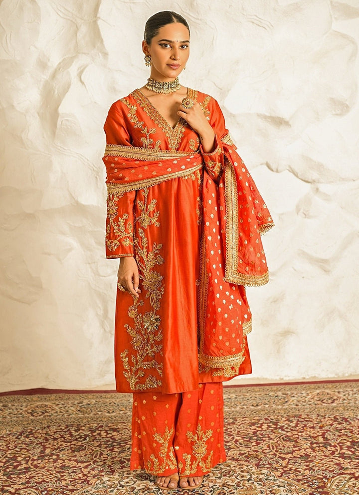 Nidhika Shekhar Rust Orange Embroidered Chanderi Kurta Pants SetFabilicious Fashion