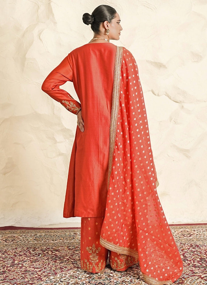 Nidhika Shekhar Rust Orange Embroidered Chanderi Kurta Pants SetFabilicious Fashion