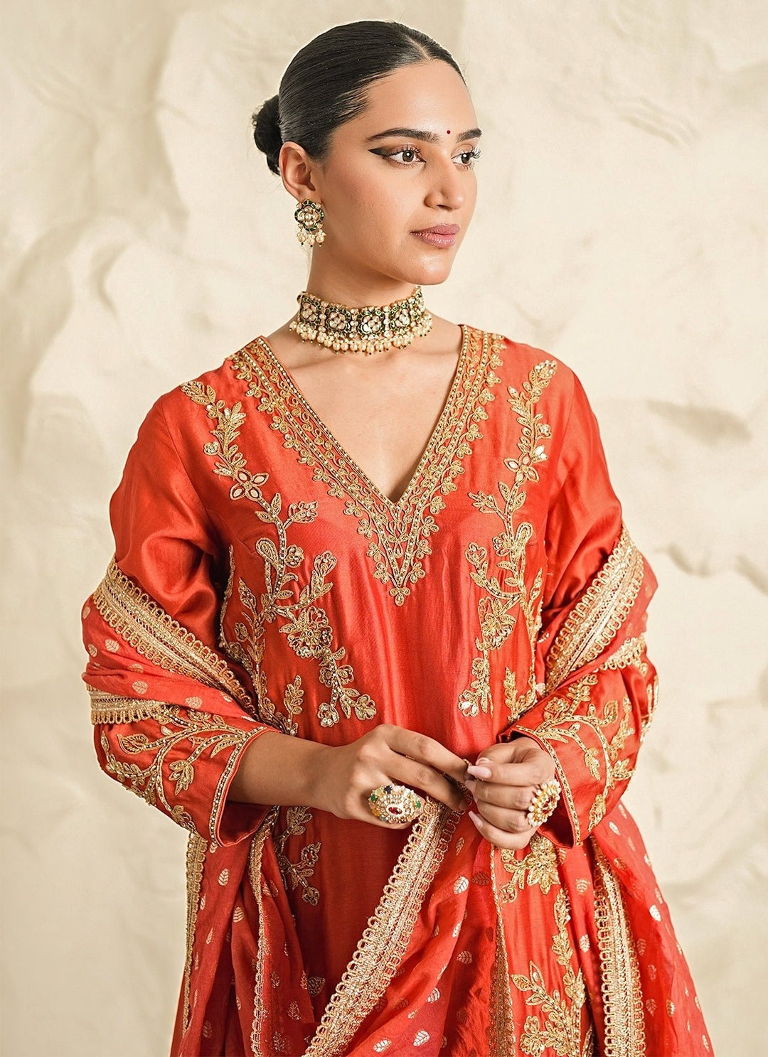 Nidhika Shekhar Rust Orange Embroidered Chanderi Kurta Pants SetFabilicious Fashion