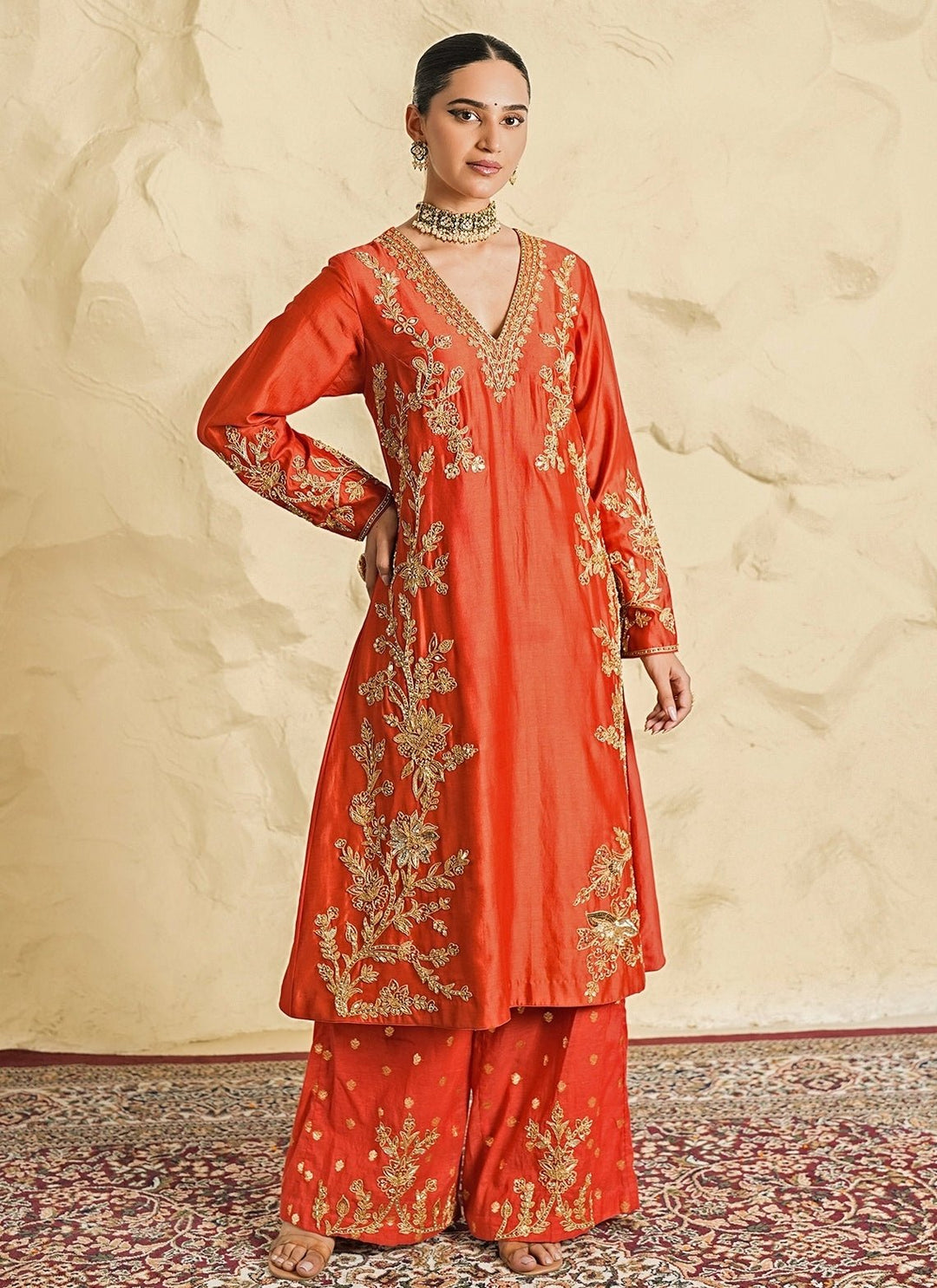 Nidhika Shekhar Rust Orange Embroidered Chanderi Kurta Pants SetFabilicious Fashion