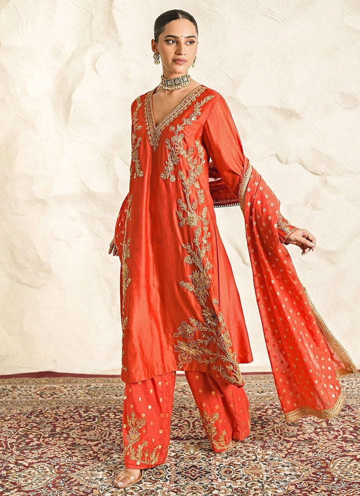 Nidhika Shekhar Rust Orange Embroidered Chanderi Kurta Pants SetFabilicious Fashion