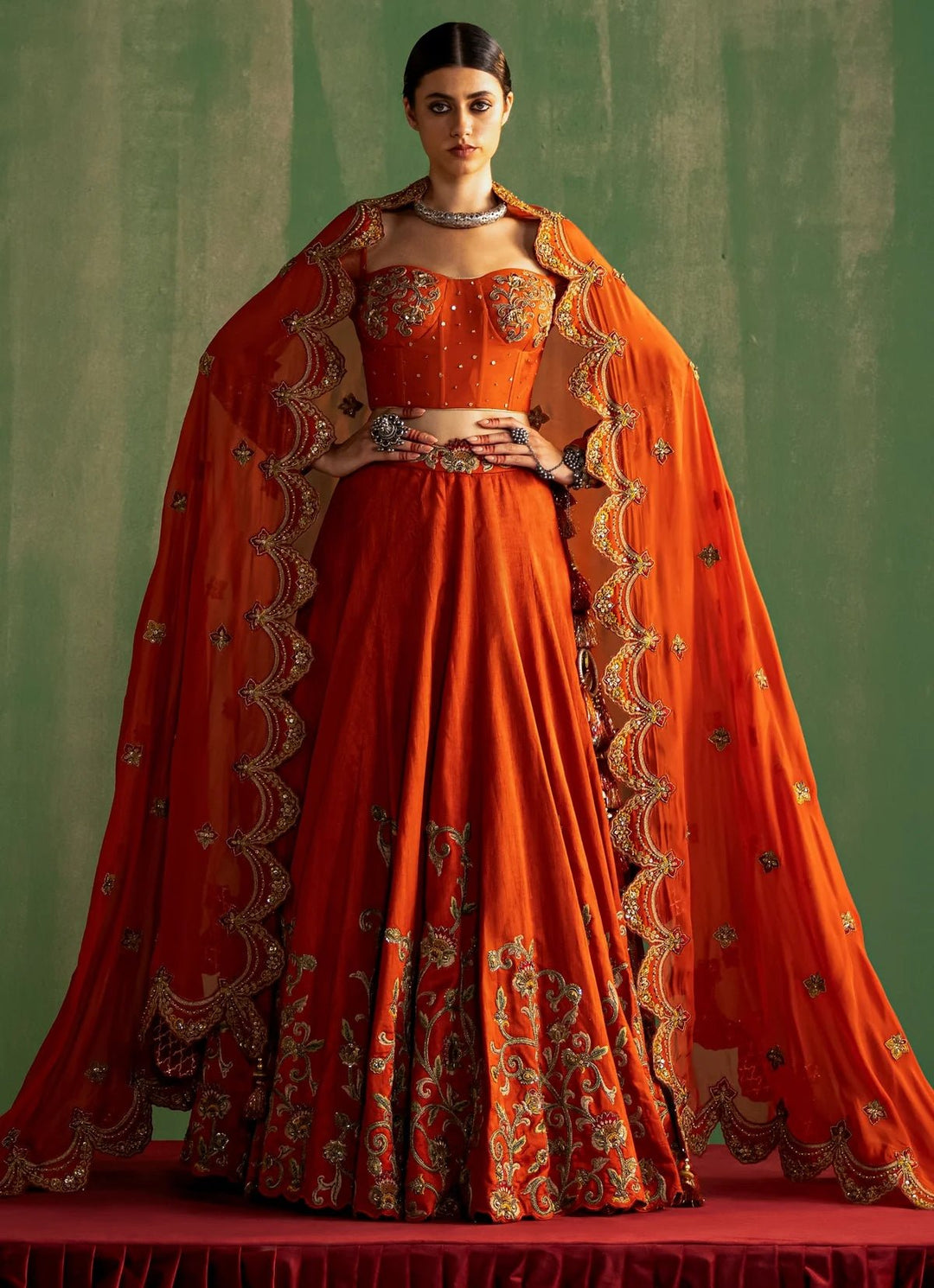 Rust Orange Embroidered Corset Silk Lehenga Studio Bagechaa - Fabilicious Fashion