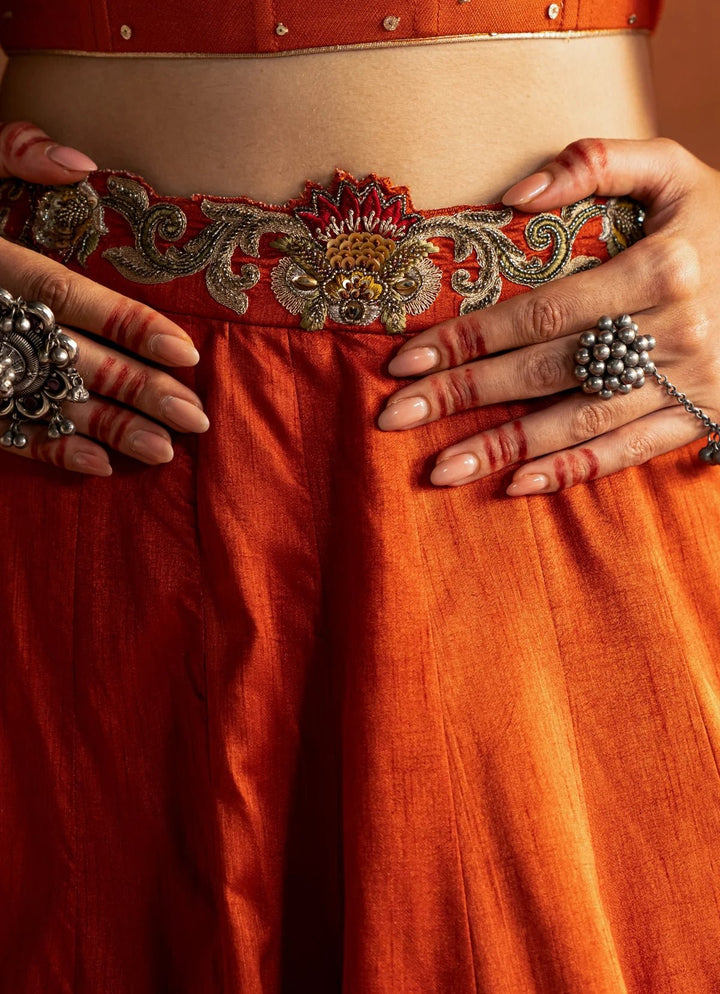 Rust Orange Embroidered Corset Silk Lehenga Studio Bagechaa - Fabilicious Fashion