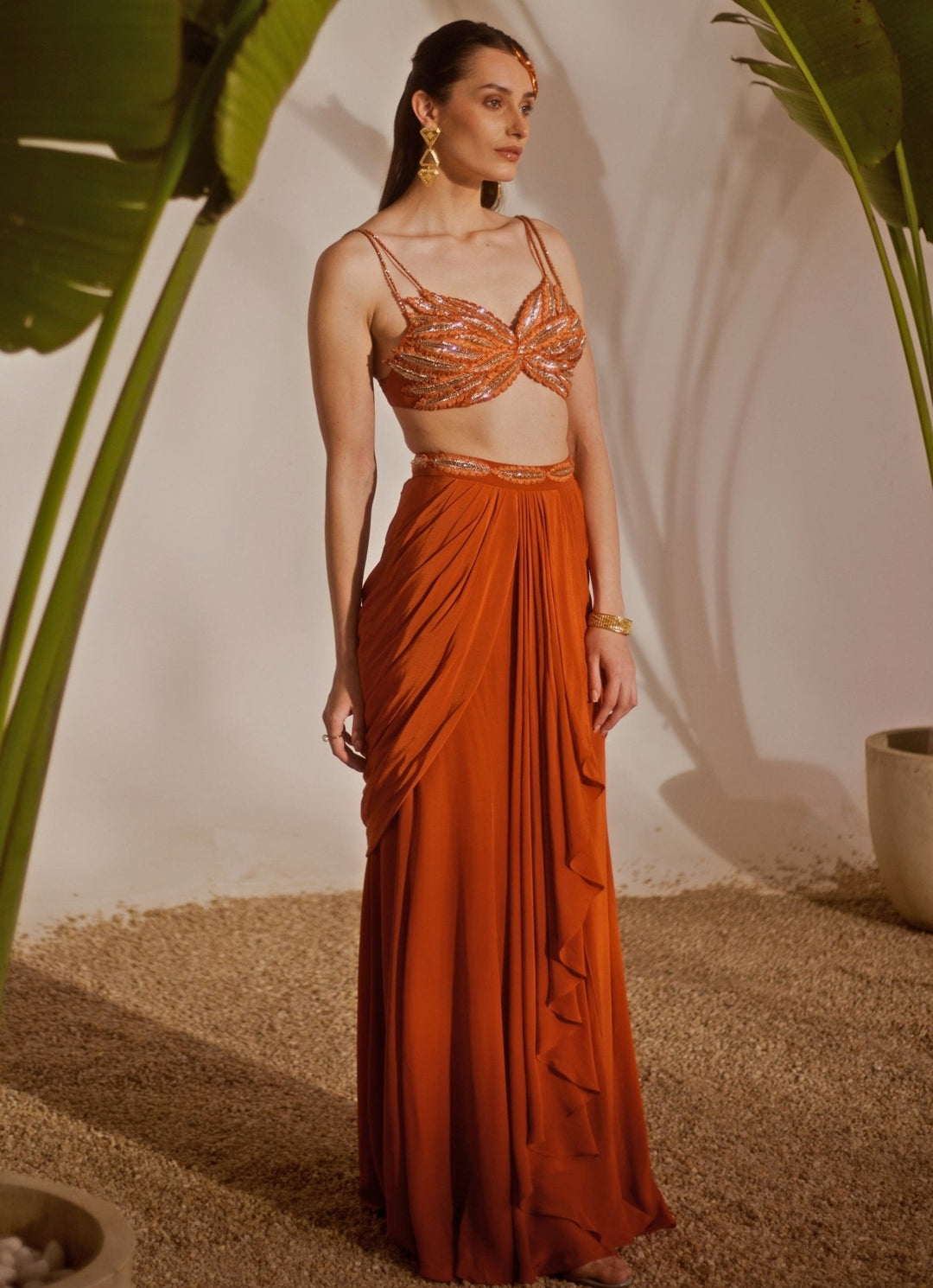 Rust Orange Embroidered Drape Skirt Set Silky Bindra - Fabilicious Fashion