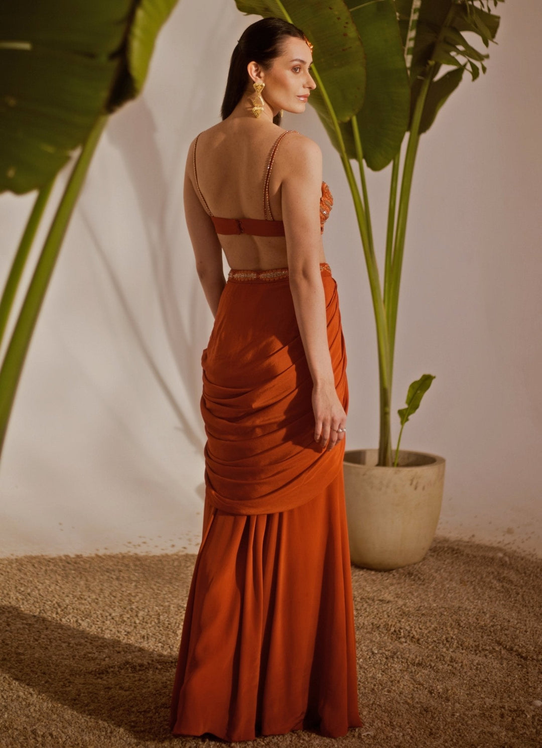 Rust Orange Embroidered Drape Skirt Set Silky Bindra - Fabilicious Fashion