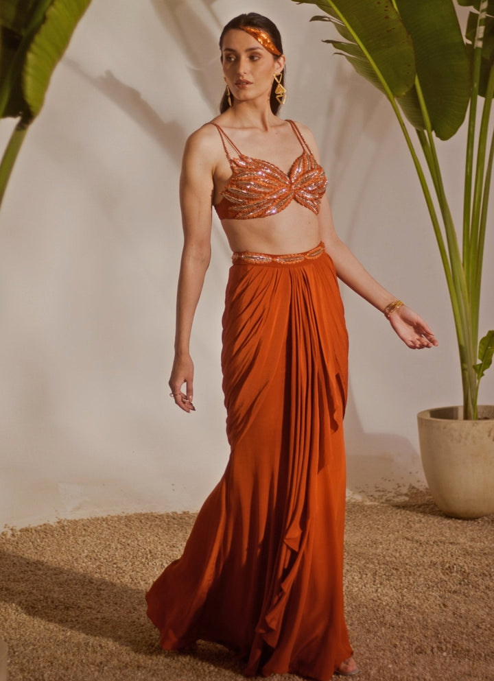 Rust Orange Embroidered Drape Skirt Set Silky Bindra - Fabilicious Fashion