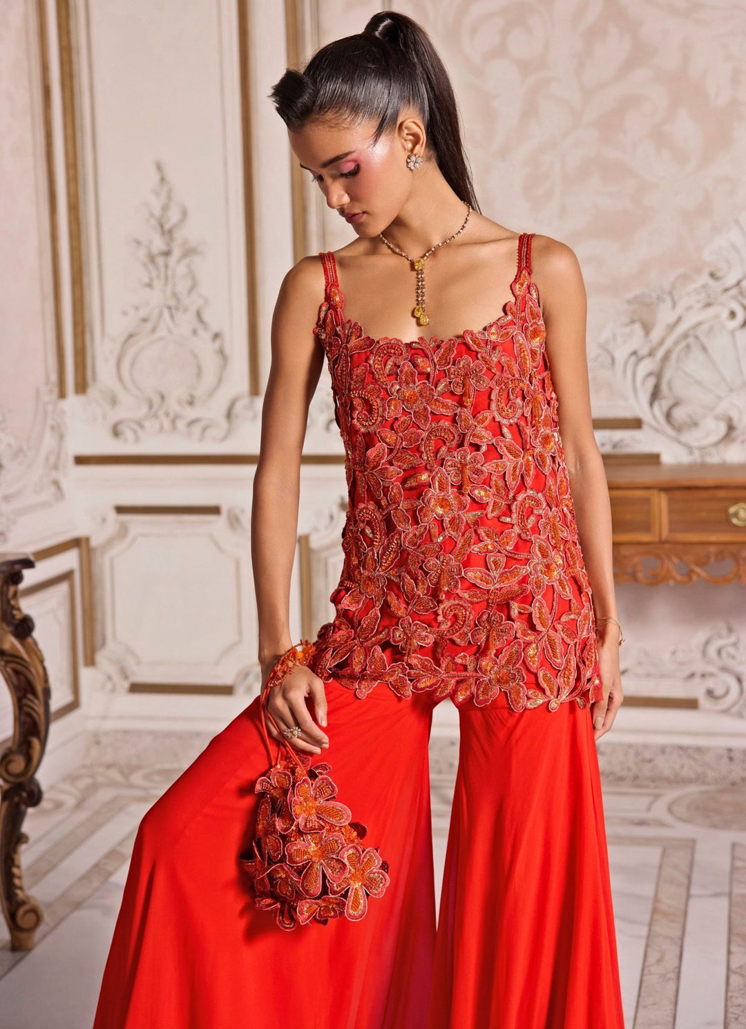 Rust Orange Embroidered Georgette Kurta Sharara Set Sanya Gulati - Fabilicious Fashion