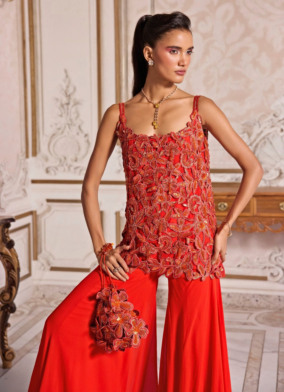 Rust Orange Embroidered Georgette Kurta Sharara Set Sanya Gulati - Fabilicious Fashion