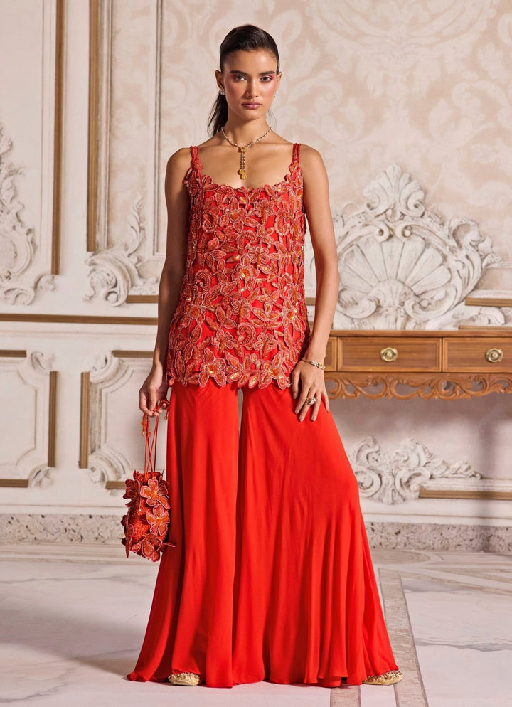 Rust Orange Embroidered Georgette Kurta Sharara Set Sanya Gulati - Fabilicious Fashion