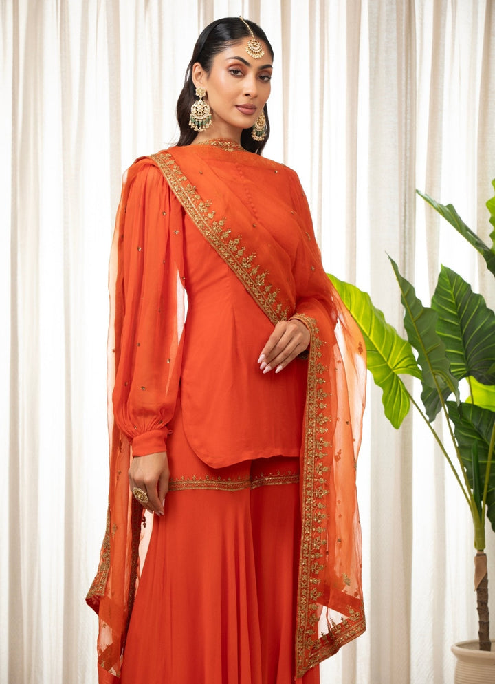 Rust Orange Embroidered Kurta Sharara Set Esha Koul - Fabilicious Fashion