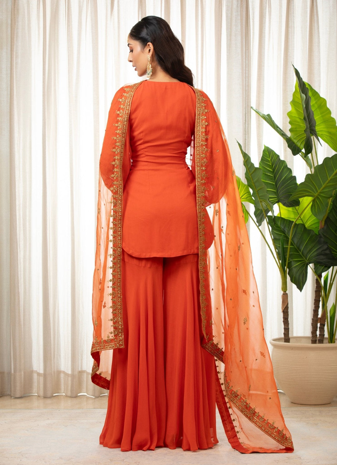 Rust Orange Embroidered Kurta Sharara Set Esha Koul - Fabilicious Fashion
