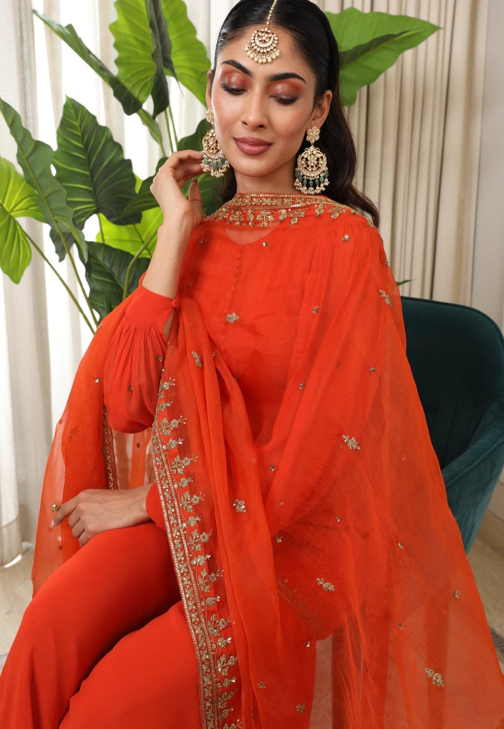 Rust Orange Embroidered Kurta Sharara Set Esha Koul - Fabilicious Fashion