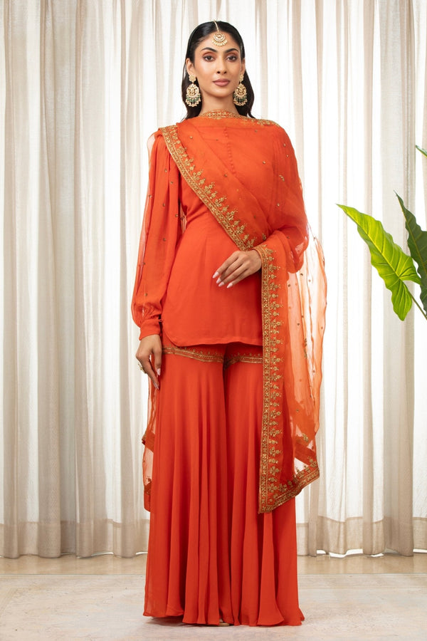 Esha Koul Rust Orange Embroidered Kurta Set