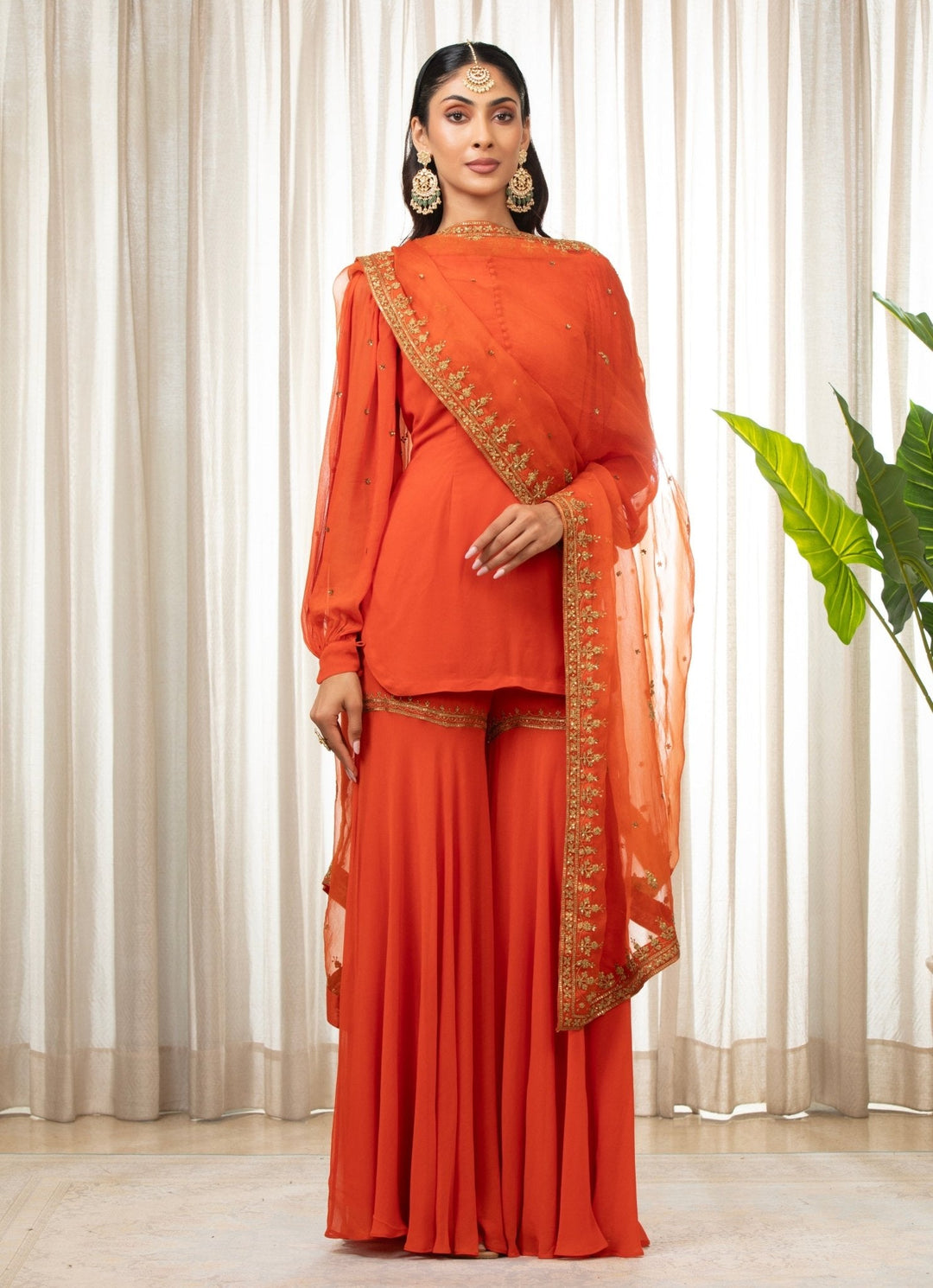 Rust Orange Embroidered Kurta Sharara Set Esha Koul - Fabilicious Fashion