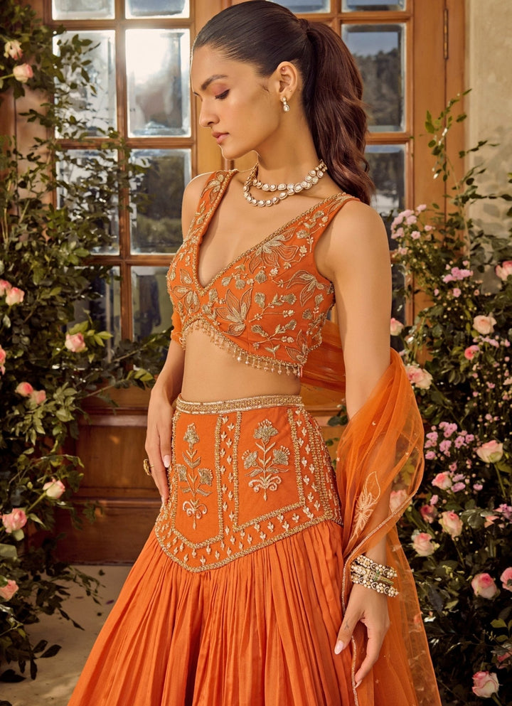 Rust Orange Embroidered Lehenga Set Parul Gandhi - Fabilicious Fashion