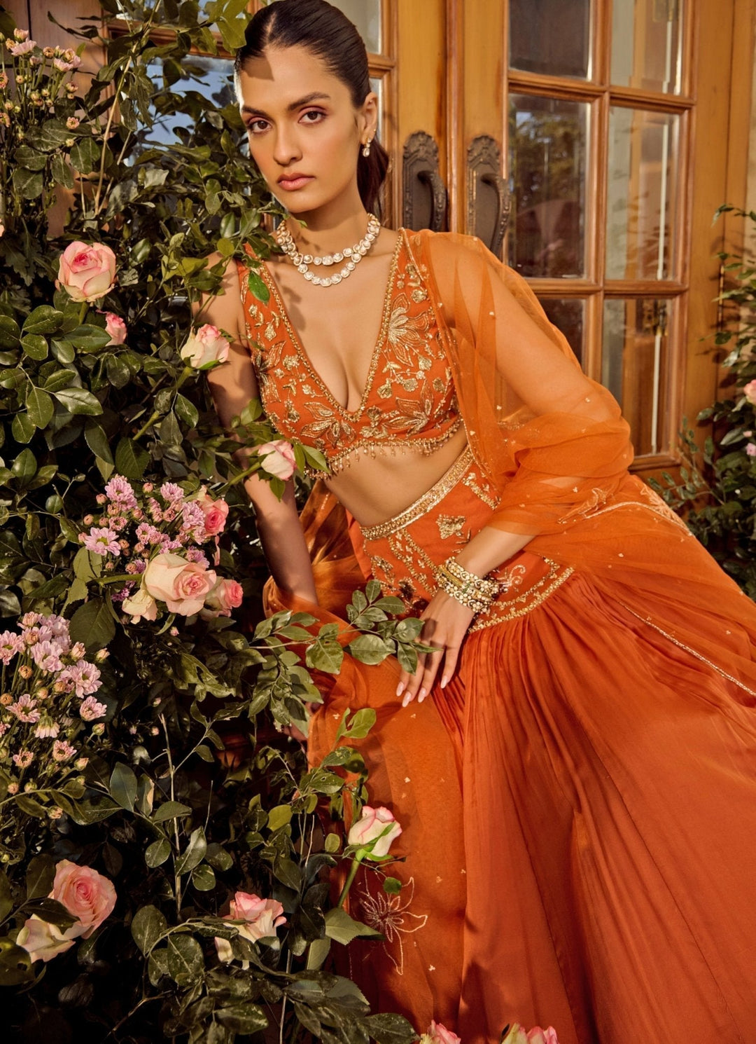 Rust Orange Embroidered Lehenga Set Parul Gandhi - Fabilicious Fashion