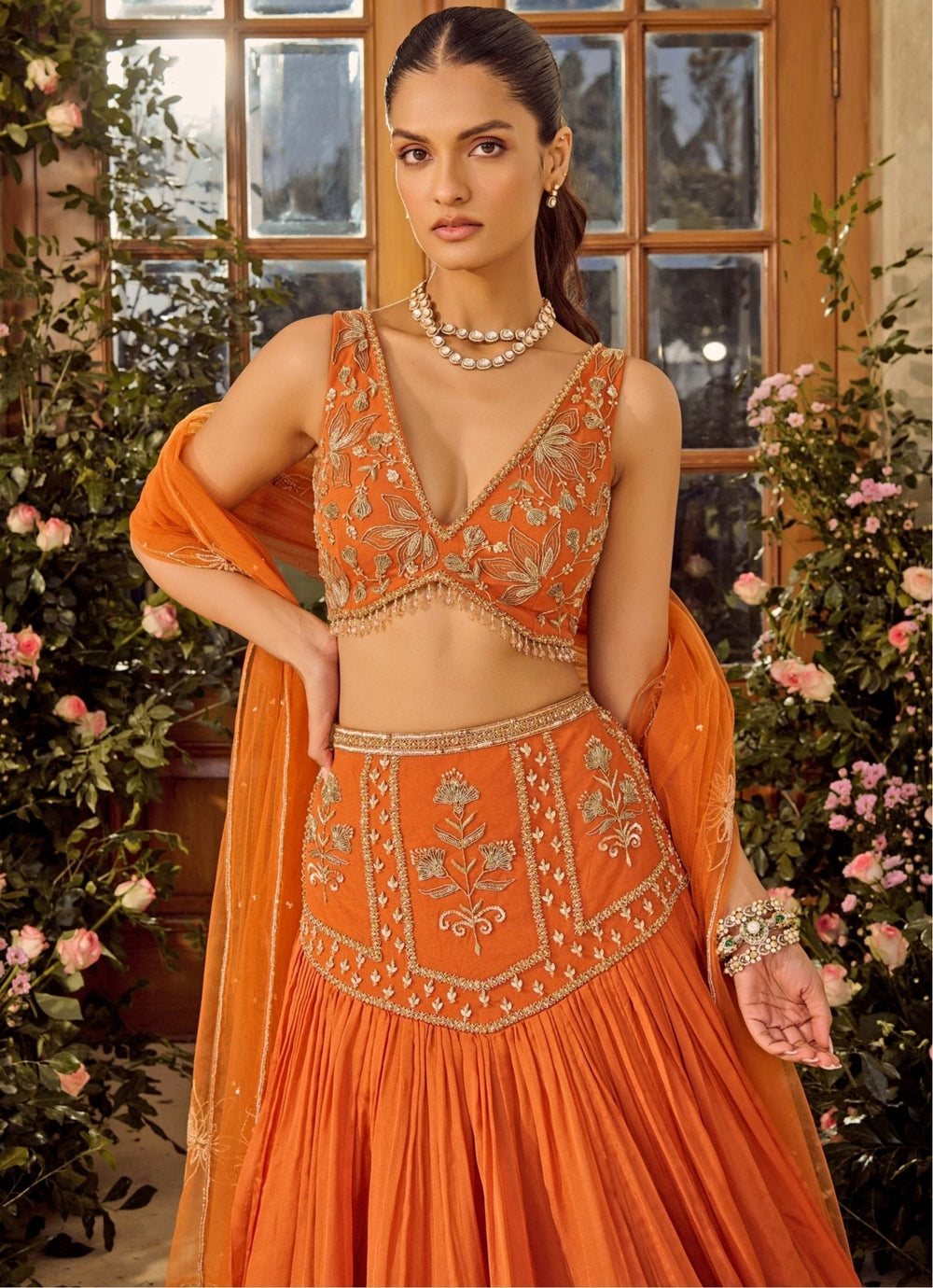 Rust Orange Embroidered Lehenga Set Parul Gandhi - Fabilicious Fashion